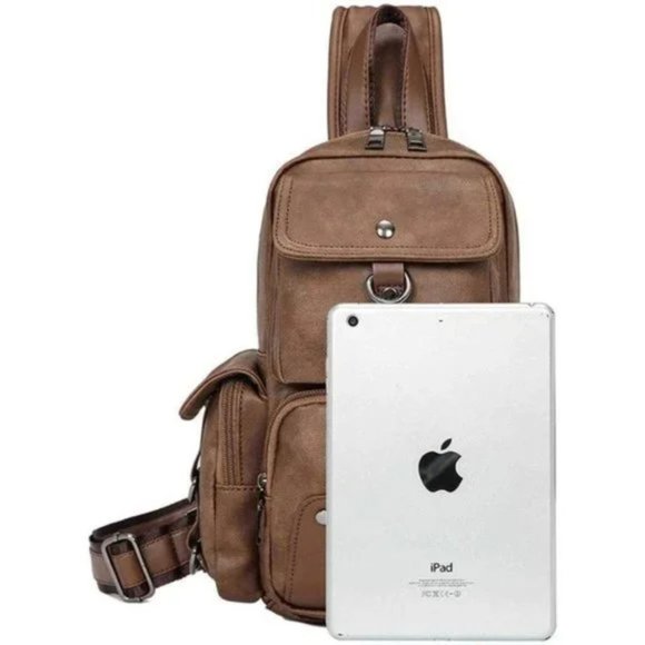 NEW MEN Sling Bag PU Leather Brown A - Picture 4 of 8